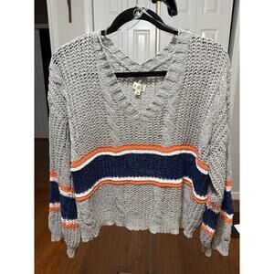 POL Chunky-Knit Striped Pullover Sweater Gray Navy Orange White V-Neck M